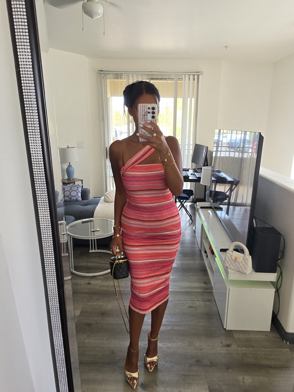 Women's Pink Striped One-Shoulder Bodycon Dress - Picture 8 of 17
